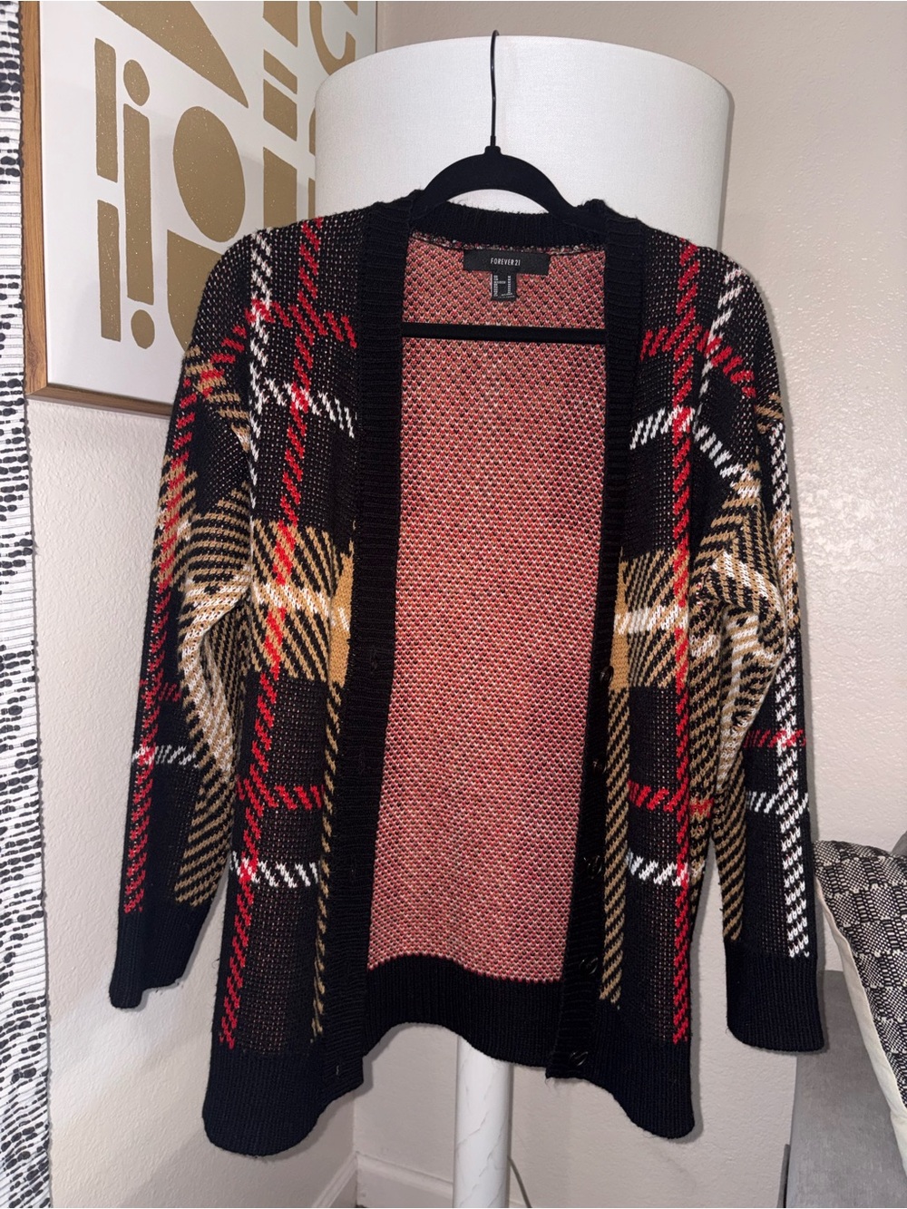 Forever 21 Black Plaid Open Cardigan with Red and Tan Accents